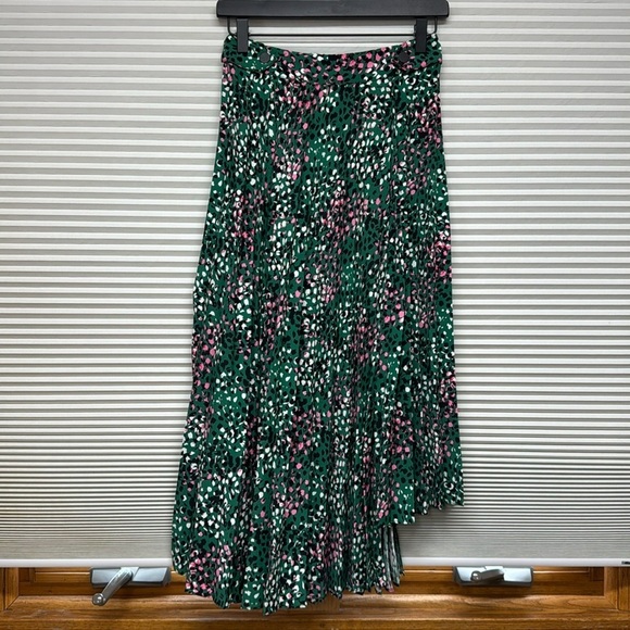 Topshop Green Pink Painted Spot Pleated Asymmetrical Midi Skirt - Picture 4 of 12
